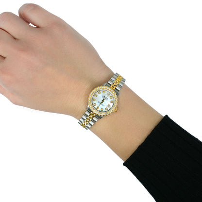 Rolex Datejust 69173 1.10TCW Diamond Bezel Jubilee Band White Pearl Dial 26mm Woman's Watch