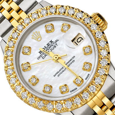 Rolex Datejust 69173 1.10TCW Diamond Bezel Jubilee Band White Pearl Dial 26mm Woman's Watch