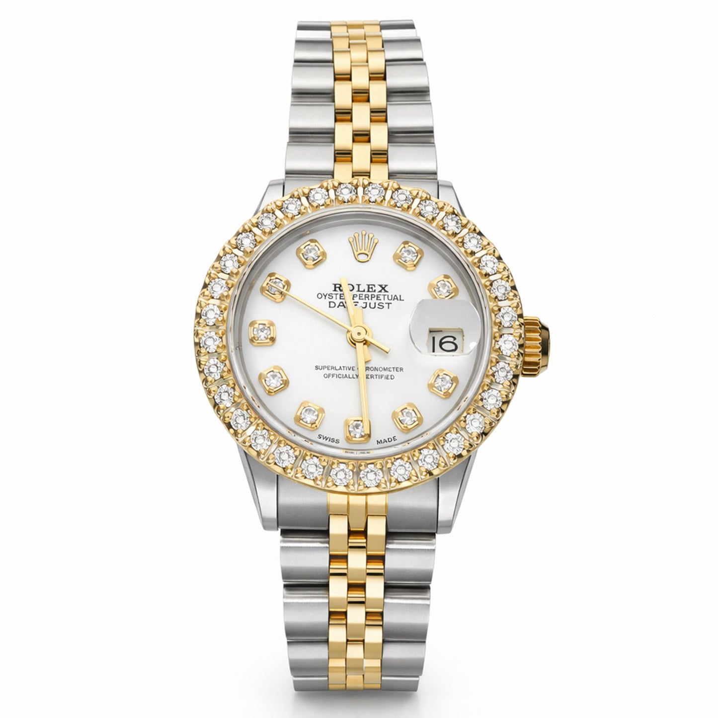 Rolex Datejust 69173 1.10TCW Diamond Bezel Jubilee Band White Pearl Dial 26mm Woman's Watch
