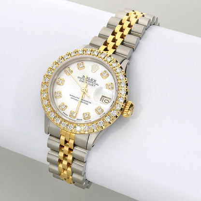 Rolex Datejust 69173 1.10TCW Diamond Bezel Jubilee Band White Pearl Dial 26mm Woman's Watch