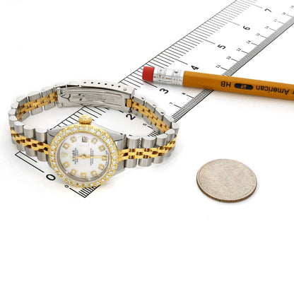 Rolex Datejust 69173 1.10TCW Diamond Bezel Jubilee Band White Pearl Dial 26mm Woman's Watch
