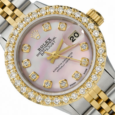 Rolex Datejust 69173 1.10TCW Diamond Bezel Jubilee Band Pink Pearl Dial 26mm Watch