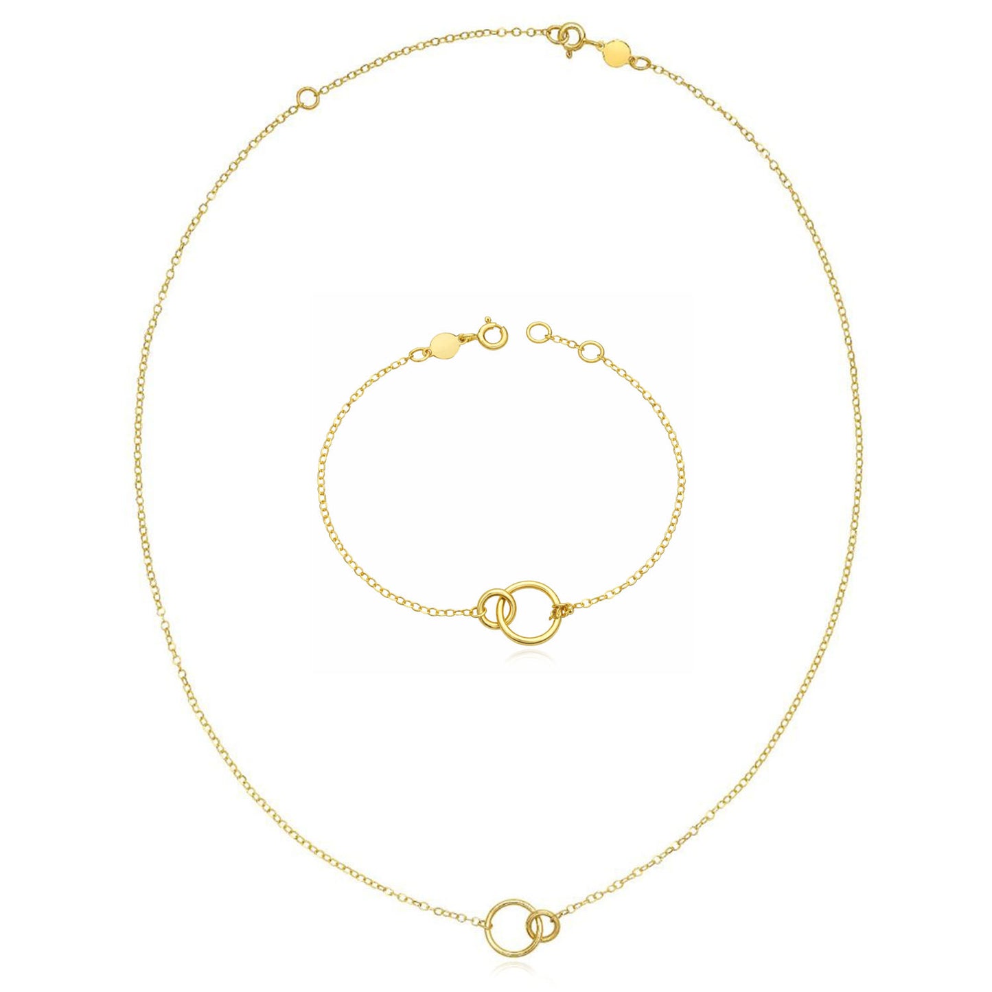 14K Yellow Gold Interlocking Circles 1.5mm Cable Necklace 18" & Bracelet 7" Set