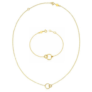 14K Yellow Gold Interlocking Circles 1.5mm Cable Necklace 18" & Bracelet 7" Set