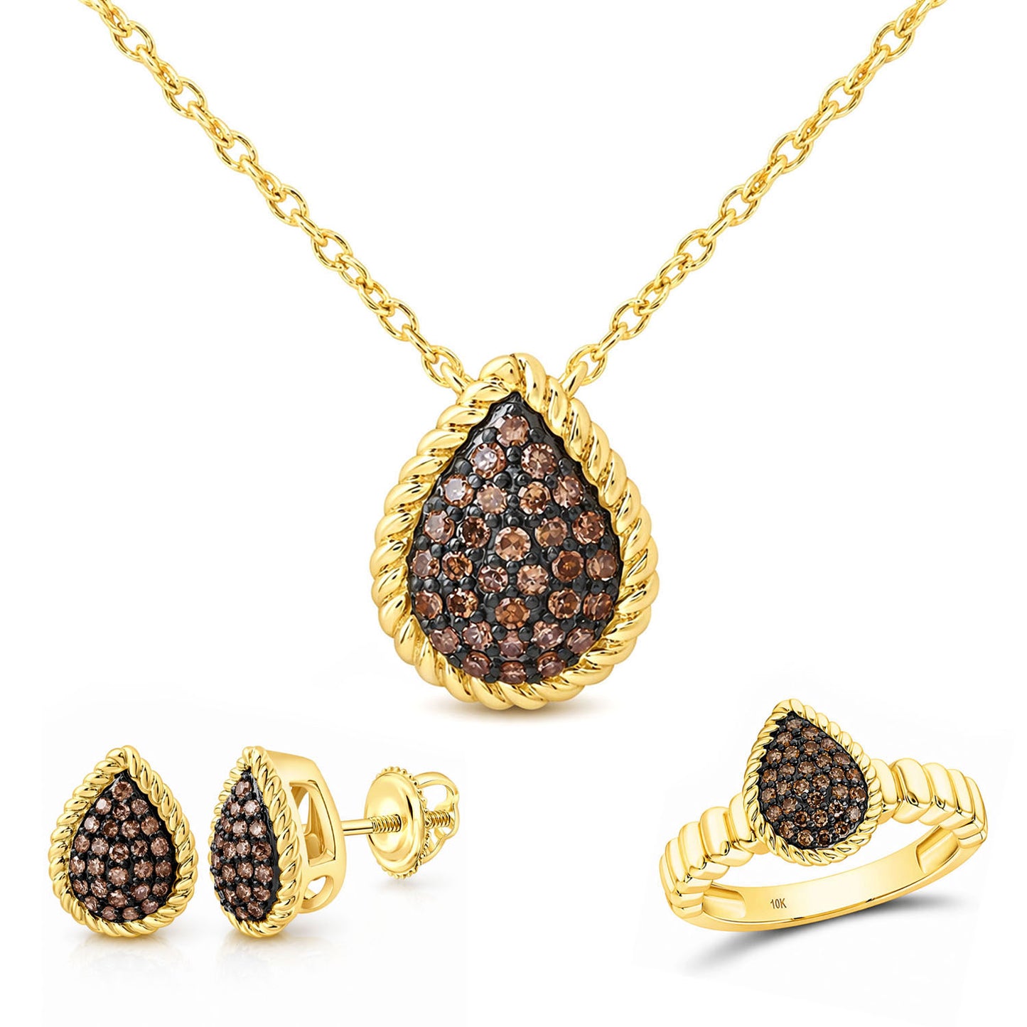 0.65CTW Natural Black Diamonds 10K Yellow Gold Teardrop Necklace, Earrings and Ring Set