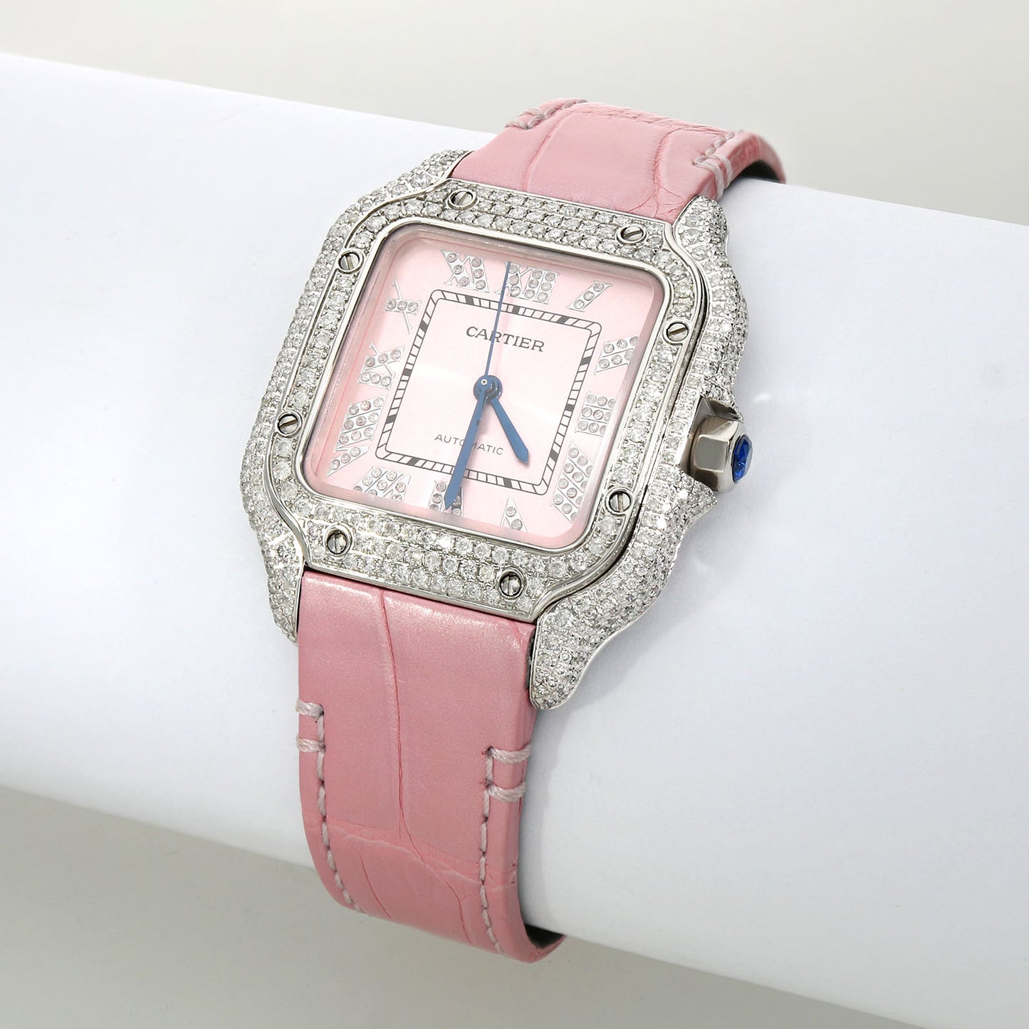 NEW 4.50TCW Natural Diamond Cartier Santos Medium 35mm Roman Pink Dial Watch