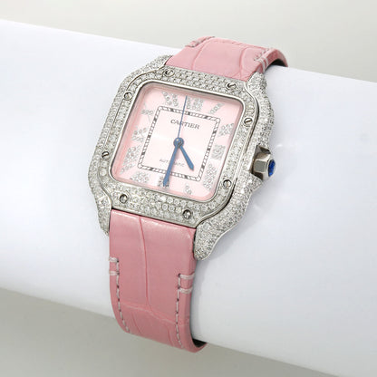 NEW 4.50TCW Natural Diamond Cartier Santos Medium 35mm Roman Pink Dial Watch