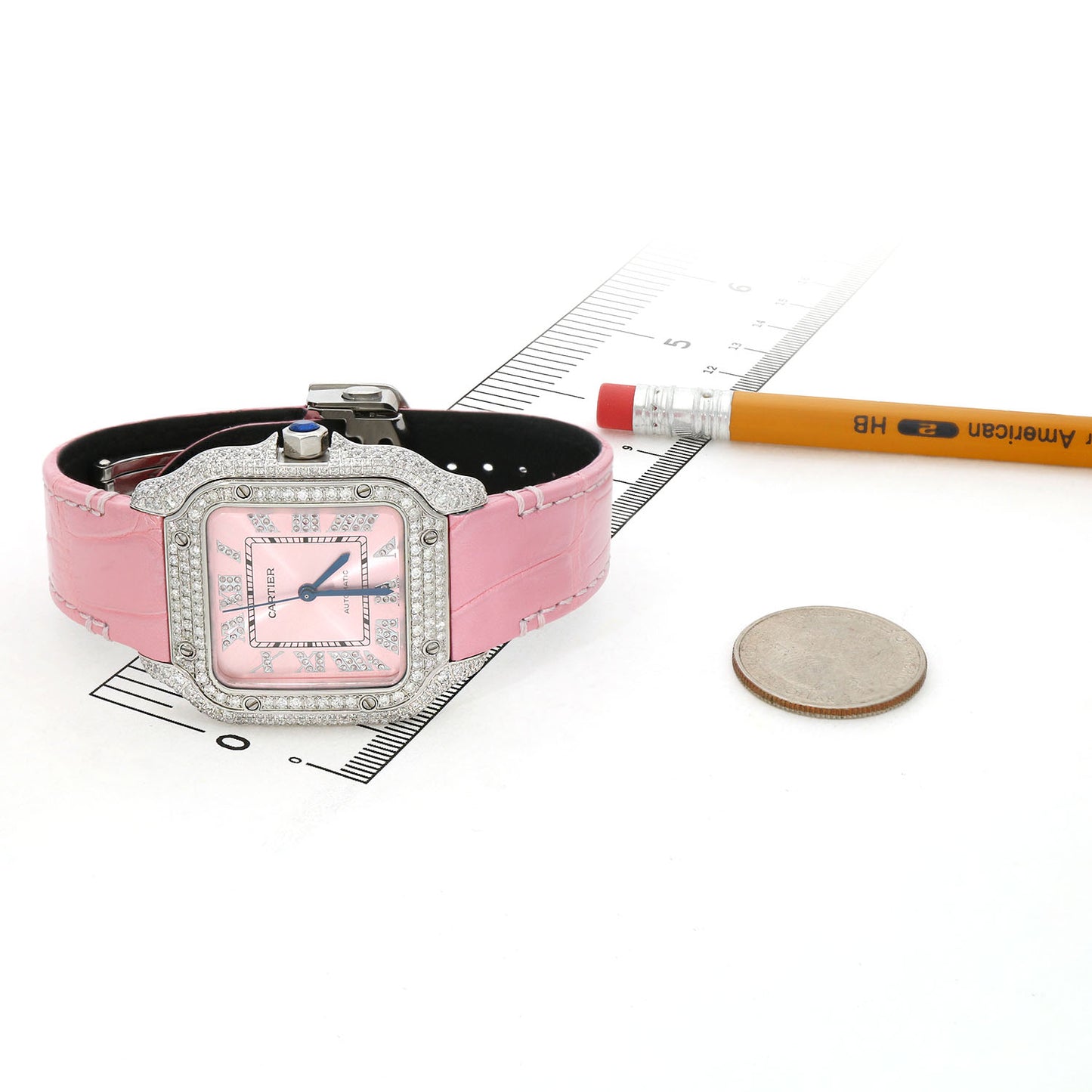 NEW 4.50TCW Natural Diamond Cartier Santos Medium 35mm Roman Pink Dial Watch