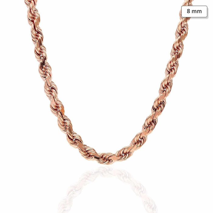 14K Rose Gold 8mm Diamond-Cut Rope Chain (Solid Links) 22"-28"