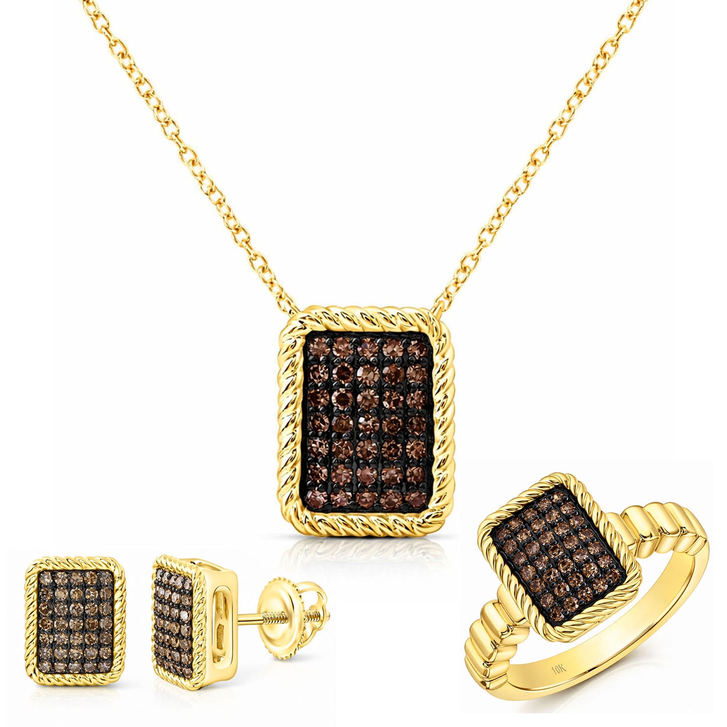 0.83CTW Natural Black Diamonds 10K Yellow Gold Rectangular Necklace, Earrings and Ring Set