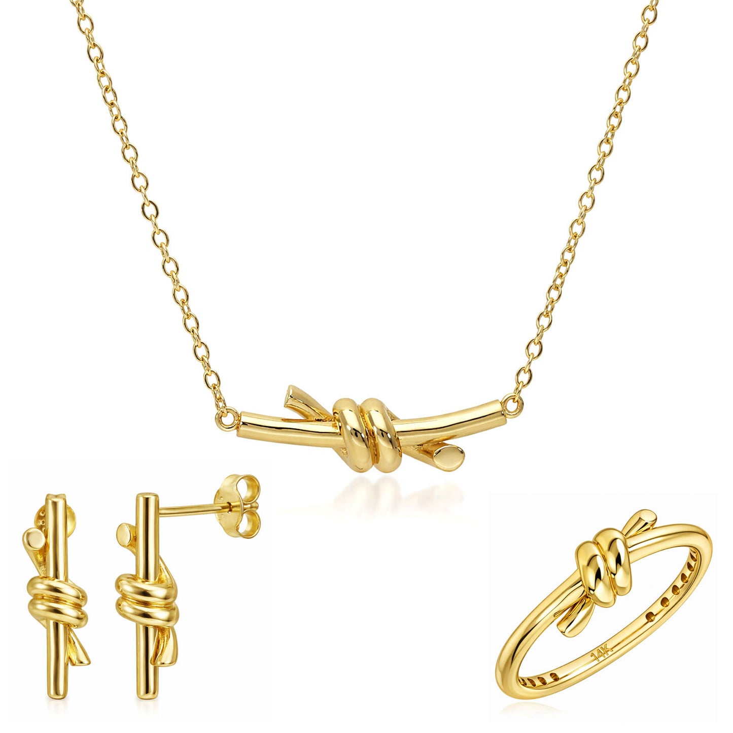 14K Yellow Gold High Polished Knot Necklace, Earrings and Ring Set