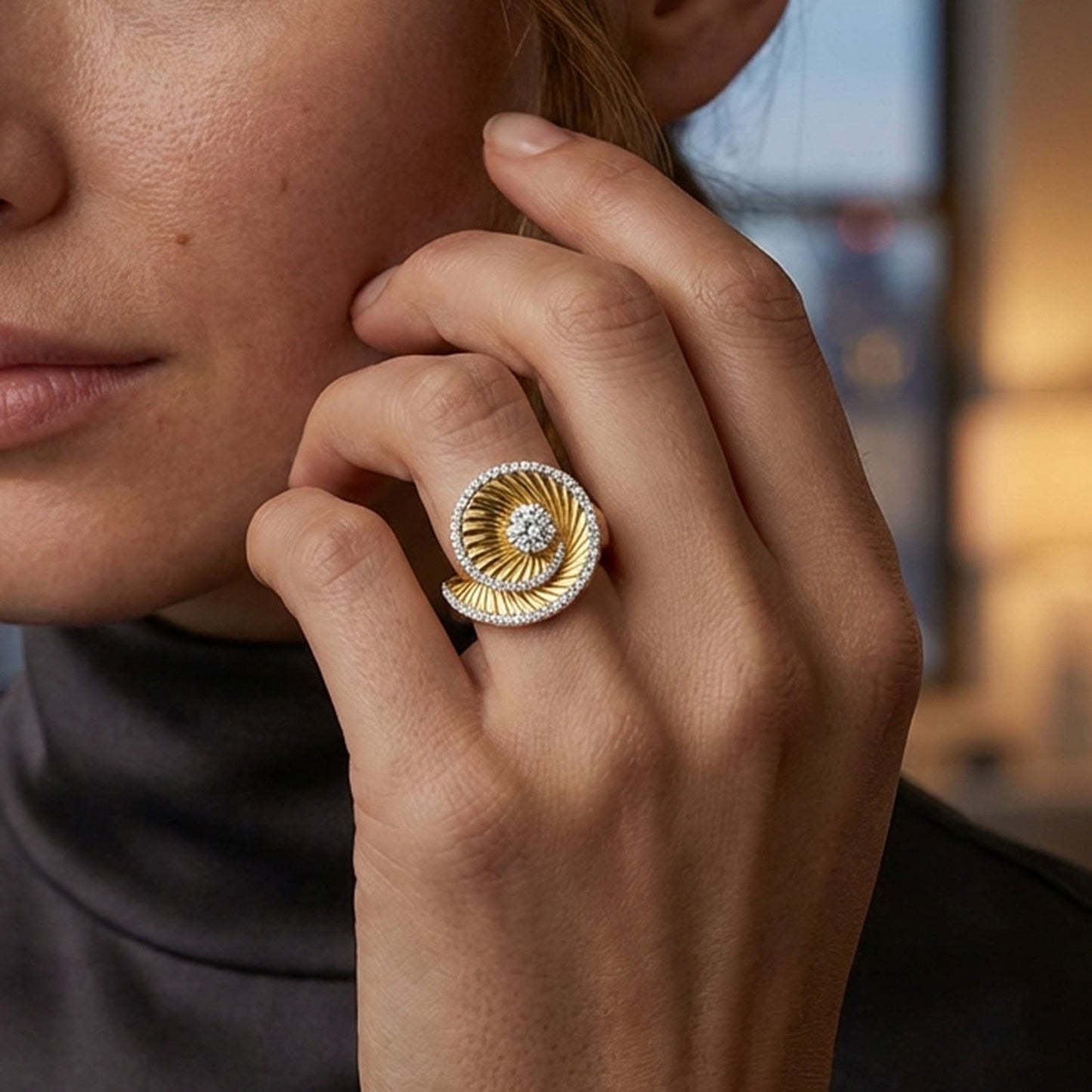 1.15CTW Natural Diamonds 14K Yellow Gold Spiral Shell Swirl Ring