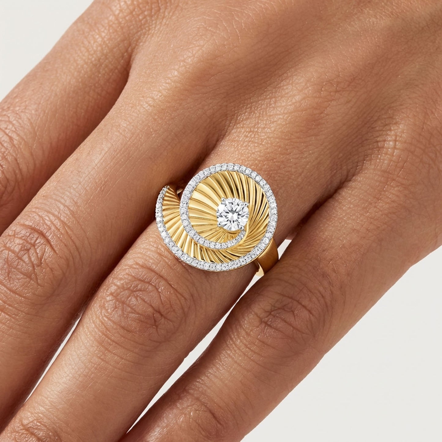 1.15CTW Natural Diamonds 14K Yellow Gold Spiral Shell Swirl Ring