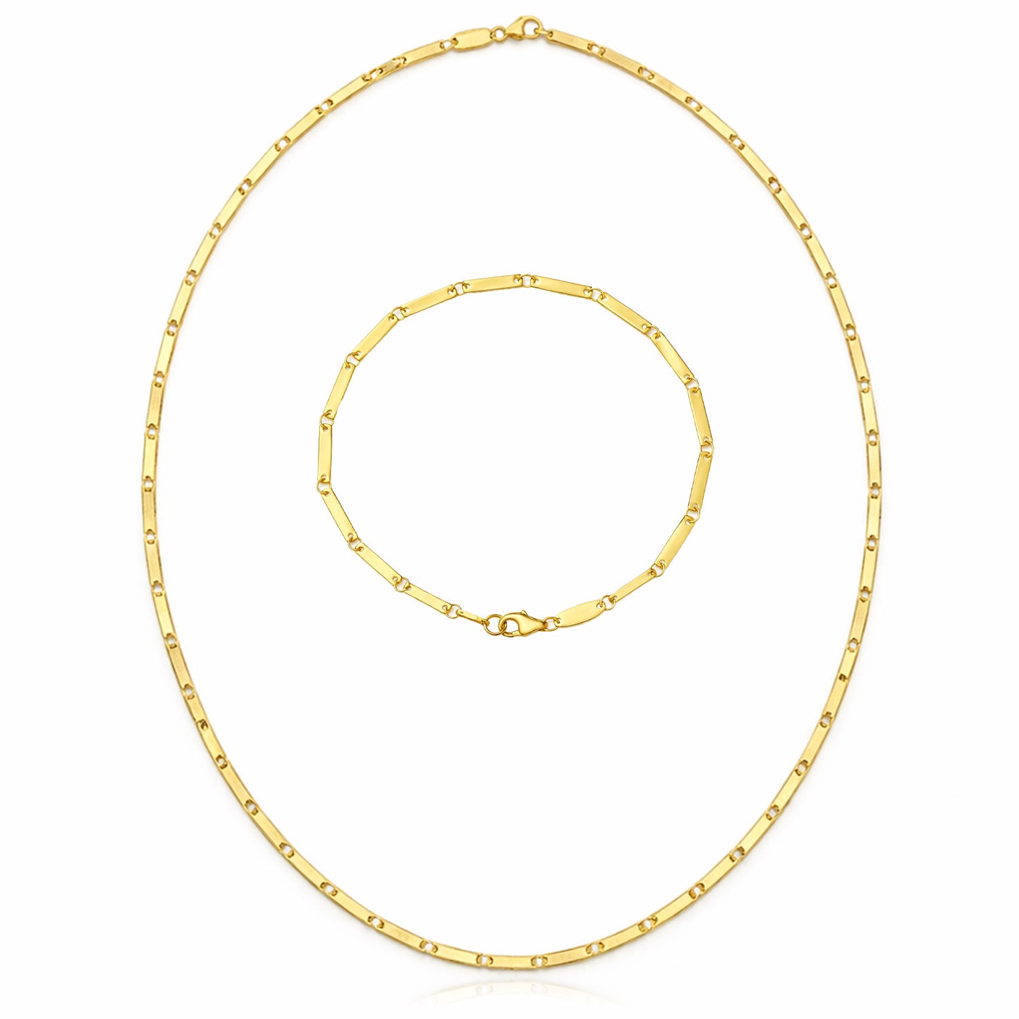 14K Yellow Gold Polished Mirror Bar Link Necklace 18" & Bracelet 7" Set