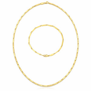 14K Yellow Gold Polished Mirror Bar Link Necklace 18" & Bracelet 7" Set
