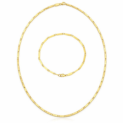 14K Yellow Gold Polished Mirror Bar Link Necklace 18" & Bracelet 7" Set