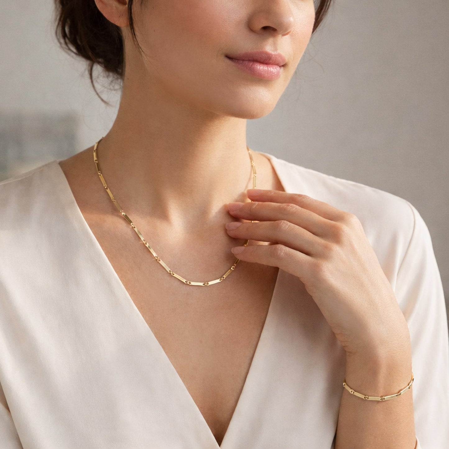 14K Yellow Gold Polished Mirror Bar Link Necklace 18" & Bracelet 7" Set