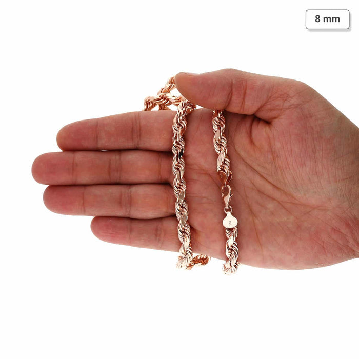 14K Rose Gold 8mm Diamond-Cut Rope Chain (Solid Links) 22"-28"
