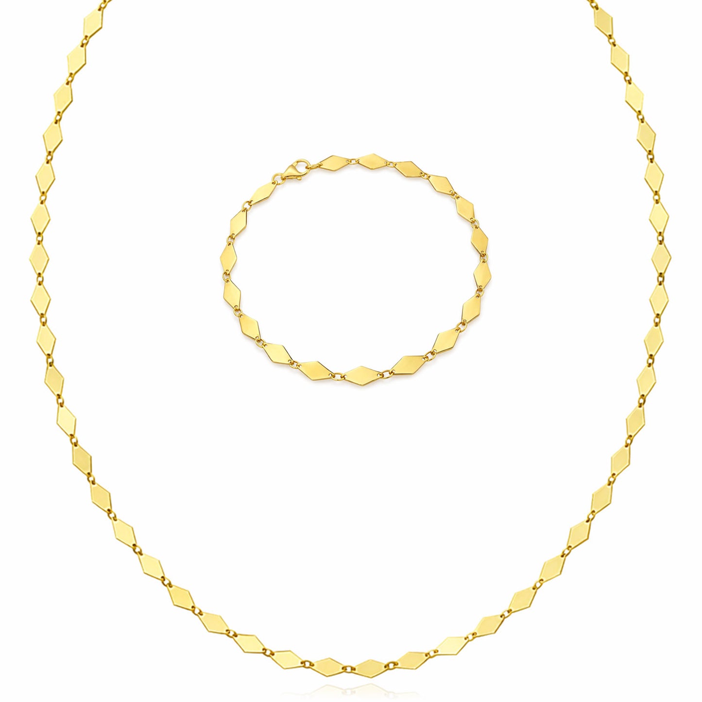 14K Yellow Gold Polished Mirror Kite Link Necklace 18" & Bracelet 7" Set