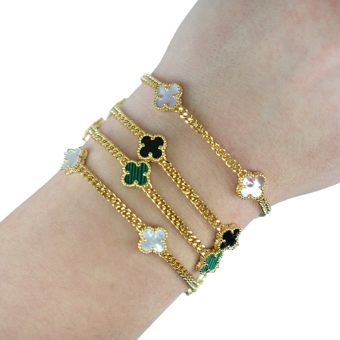 Miami Cuban Link Gold Over Silver Green Black White Pink Clover Adjustable Bracelet 7"-8"
