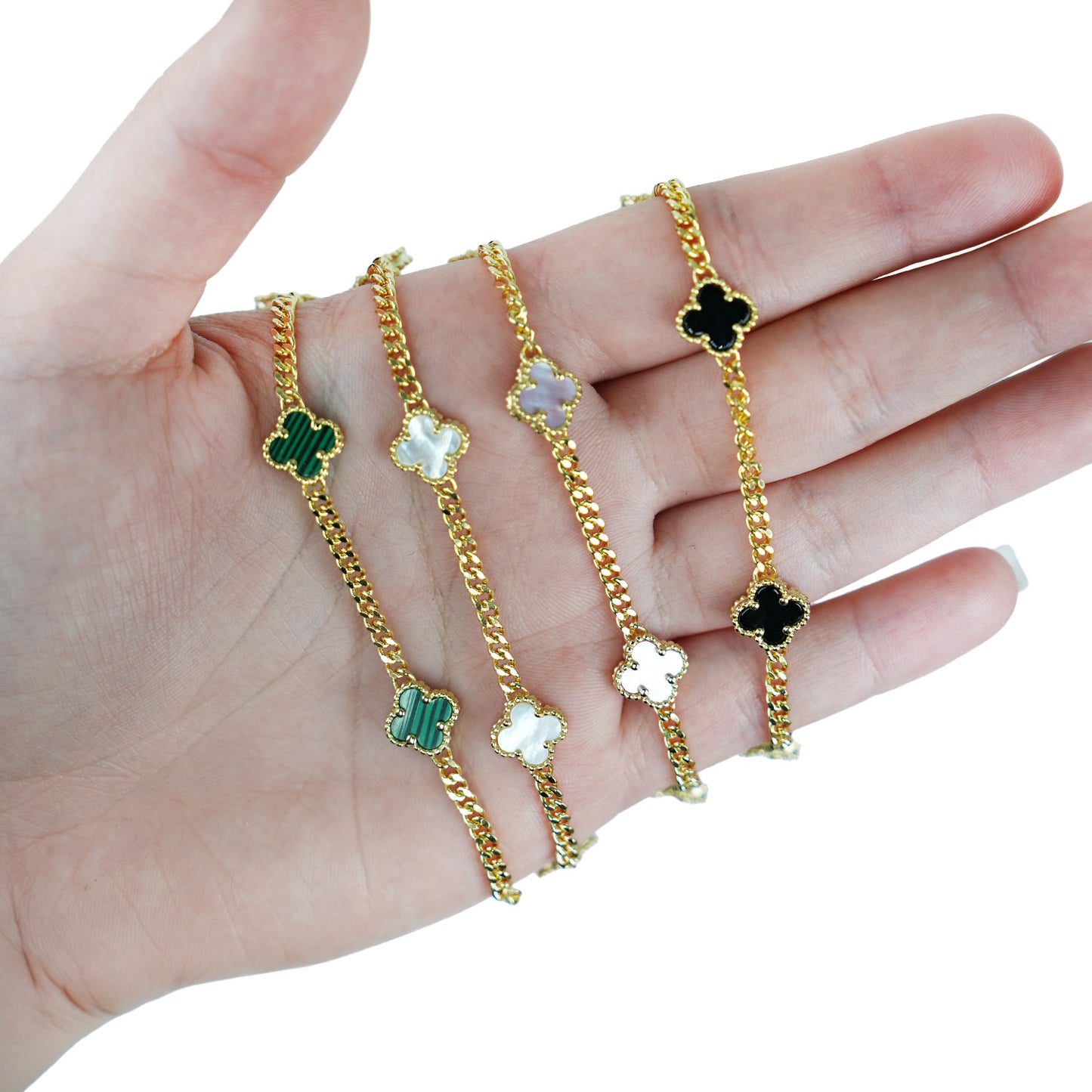 Miami Cuban Link Gold Over Silver Green Black White Pink Clover Adjustable Bracelet 7"-8"