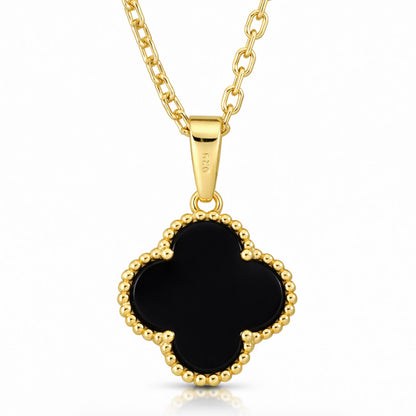Gold-Plated 925 Sterling Silver Clover Black Onyx White MOP Adjustable Necklace 16"-18"