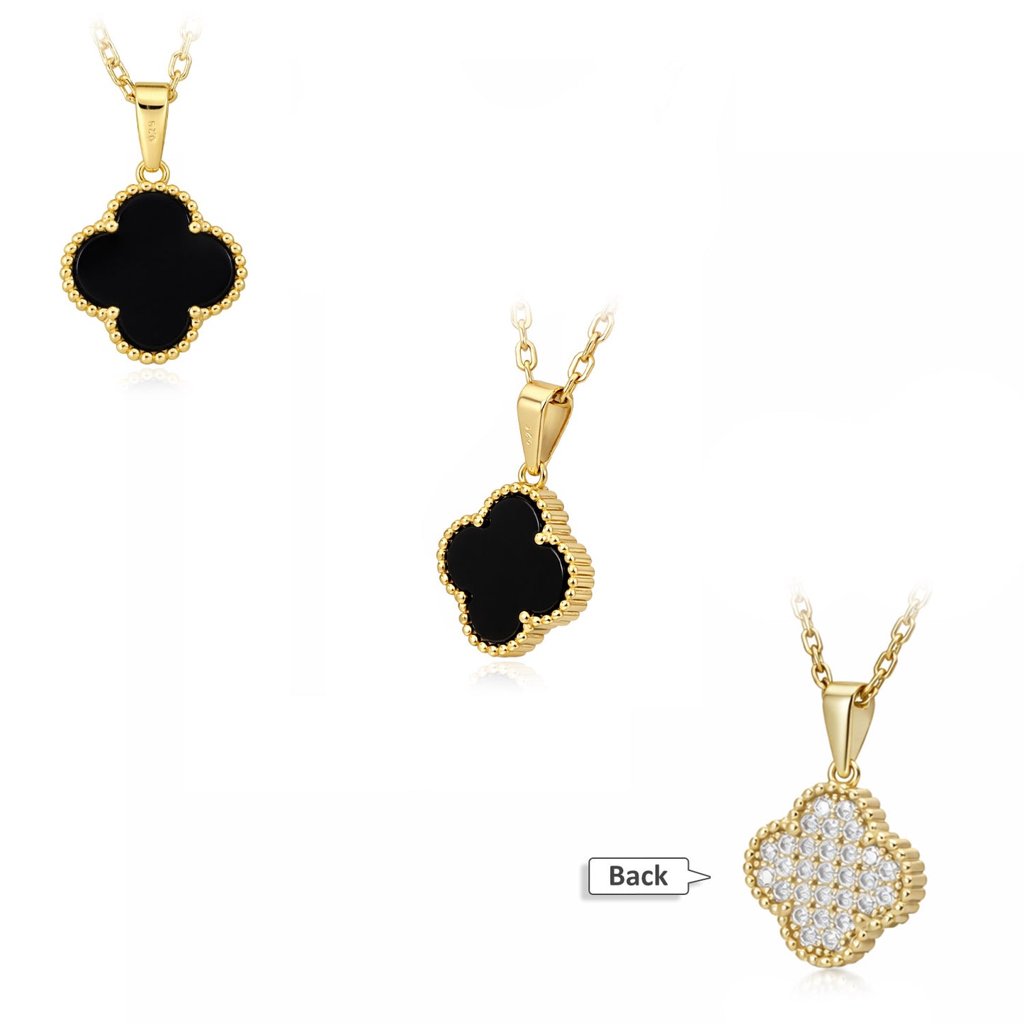 Gold-Plated 925 Sterling Silver Clover Black Onyx White MOP Adjustable Necklace 16"-18"