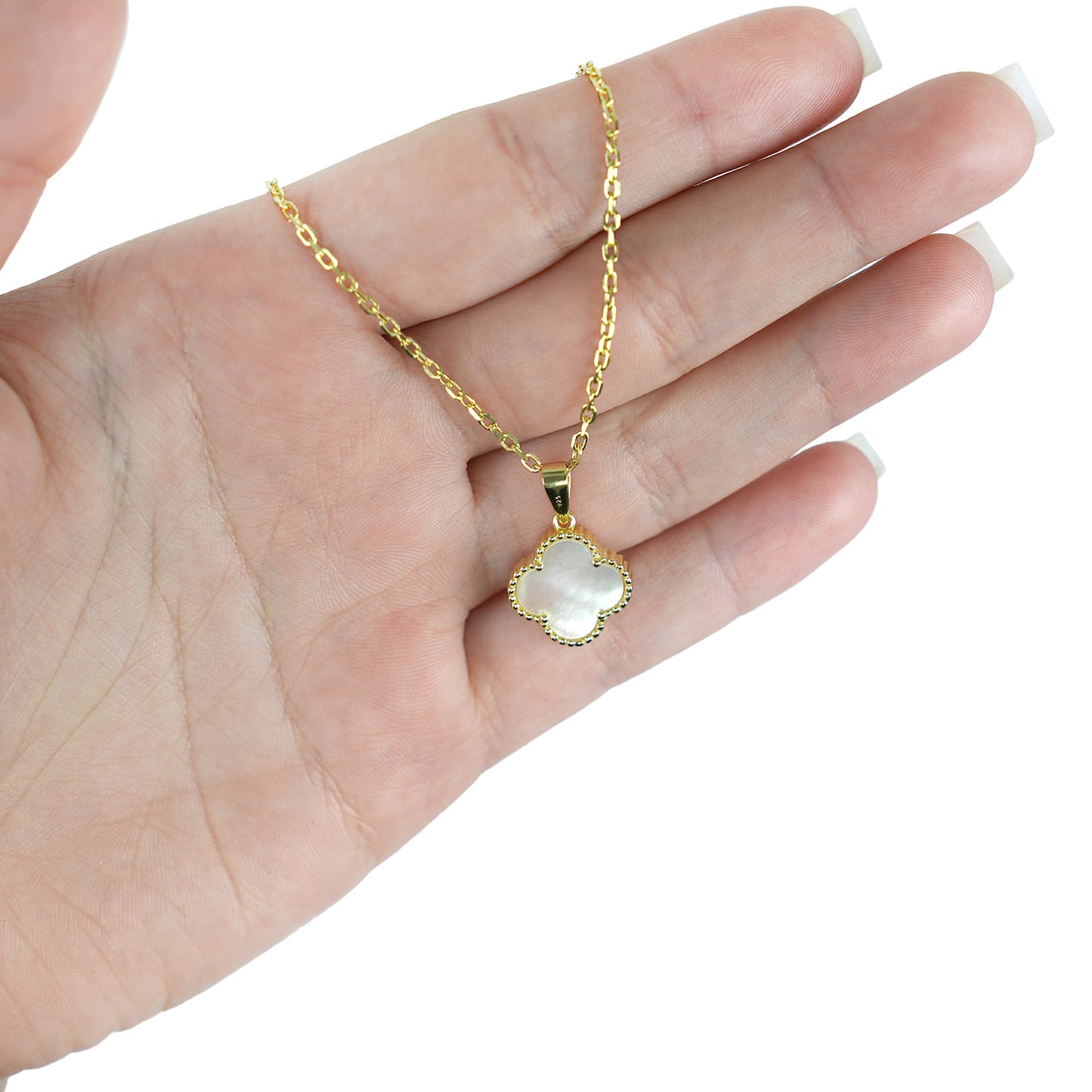 Gold-Plated 925 Sterling Silver Clover Black Onyx White MOP Adjustable Necklace 16"-18"