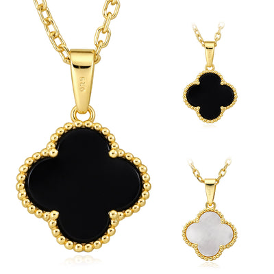 Gold-Plated 925 Sterling Silver Clover Black Onyx White MOP Adjustable Necklace 16"-18"