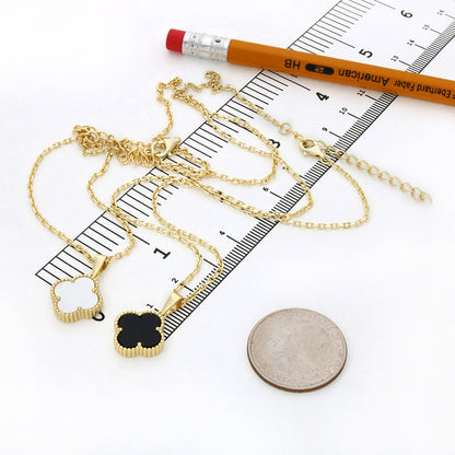 Gold-Plated 925 Sterling Silver Clover Black Onyx White MOP Adjustable Necklace 16"-18"