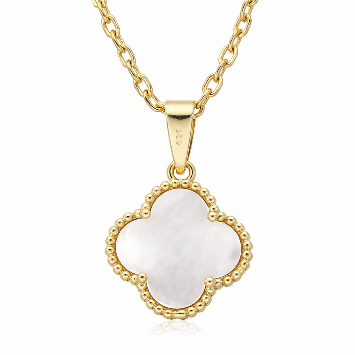 Gold-Plated 925 Sterling Silver Clover Black Onyx White MOP Adjustable Necklace 16"-18"