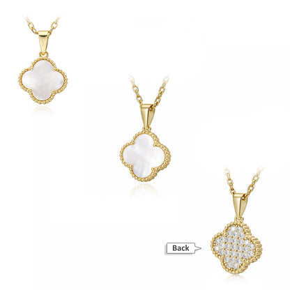 Gold-Plated 925 Sterling Silver Clover Black Onyx White MOP Adjustable Necklace 16"-18"