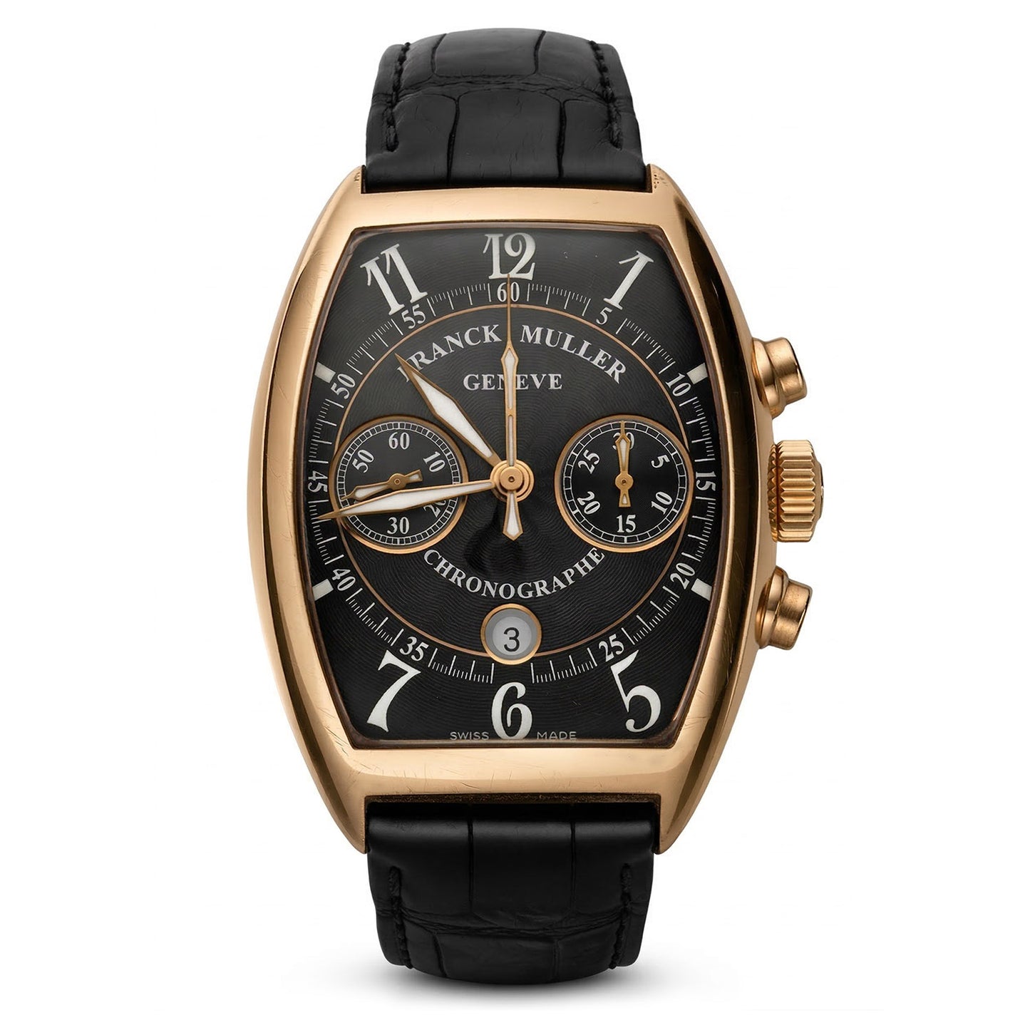 40mm Franck Muller 8883 C CC DT 18k Rose Gold Casablanca Chronographe Arabic Index Dial Black Leather Strap Watch