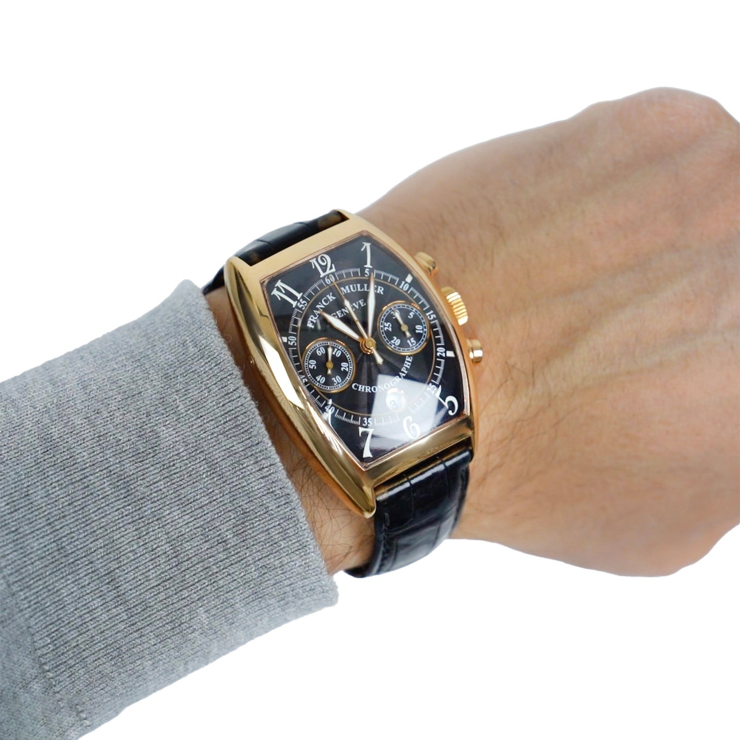 40mm Franck Muller 8883 C CC DT 18k Rose Gold Casablanca Chronographe Arabic Index Dial Black Leather Strap Watch