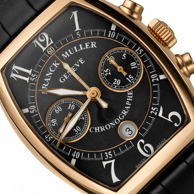 Franck Muller 8883 C CC DT 18k Rose Gold Casablanca Chronographe Arabic Indexes Dial Black Leather Strap Watch