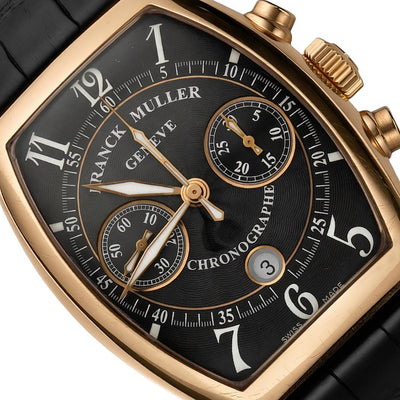 40mm Franck Muller 8883 C CC DT 18k Rose Gold Casablanca Chronographe Arabic Indexes Dial Black Leather Strap Watch