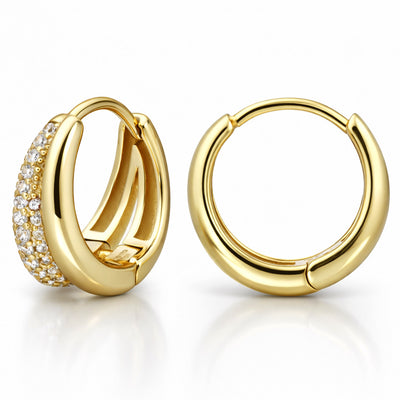 High Polished Gold Over Silver 1.45CTW CZ 13mm Huggie Hoop Earrings