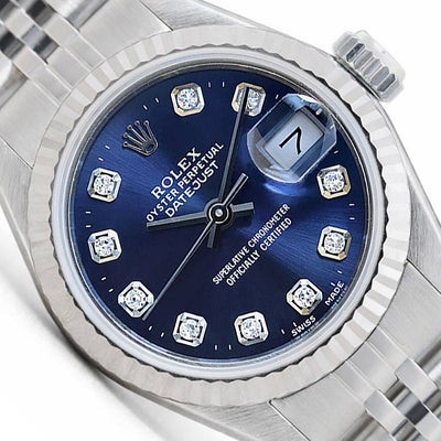 Rolex Datejust 69174 Diamond Blue Dial 18K White Gold Bezel Steel Women's Watch