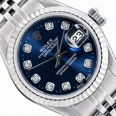 26mm Rolex Datejust 69174 Blue Diamond Dial Steel Women's Watch
