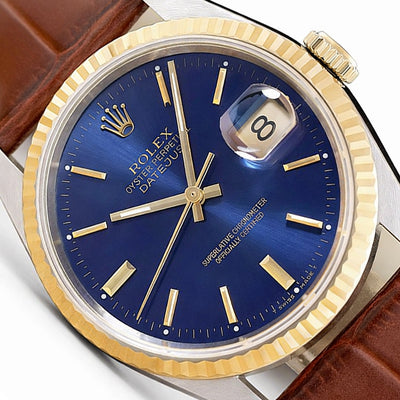 36mm Rolex Datejust 16233 18K Gold Bezel Blue Dial Brown Leather Band Steel Men's Watch