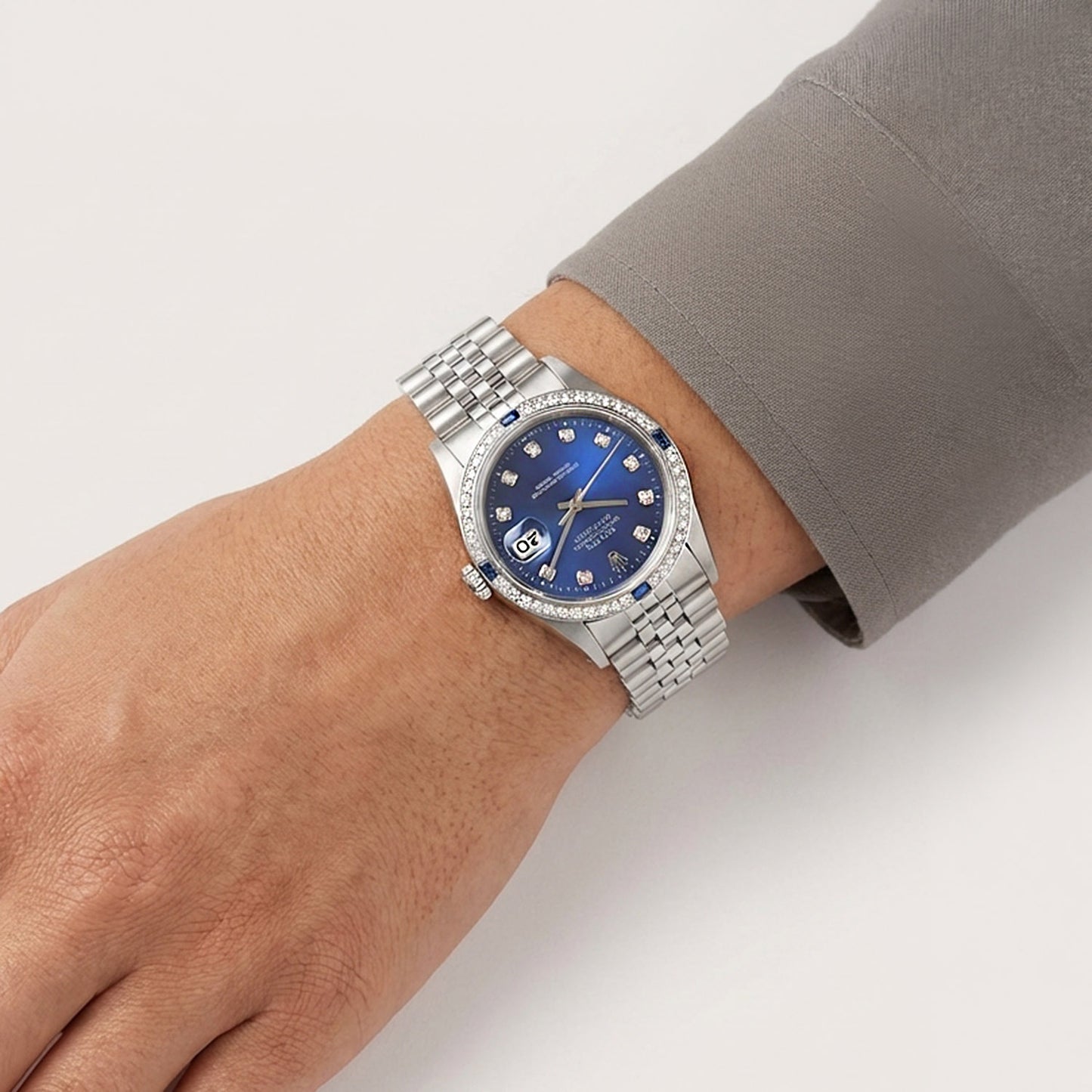 36mm Rolex Datejust 1603 18K White Gold Diamond Sapphire Bezel Blue Dial Men's Steel Watch