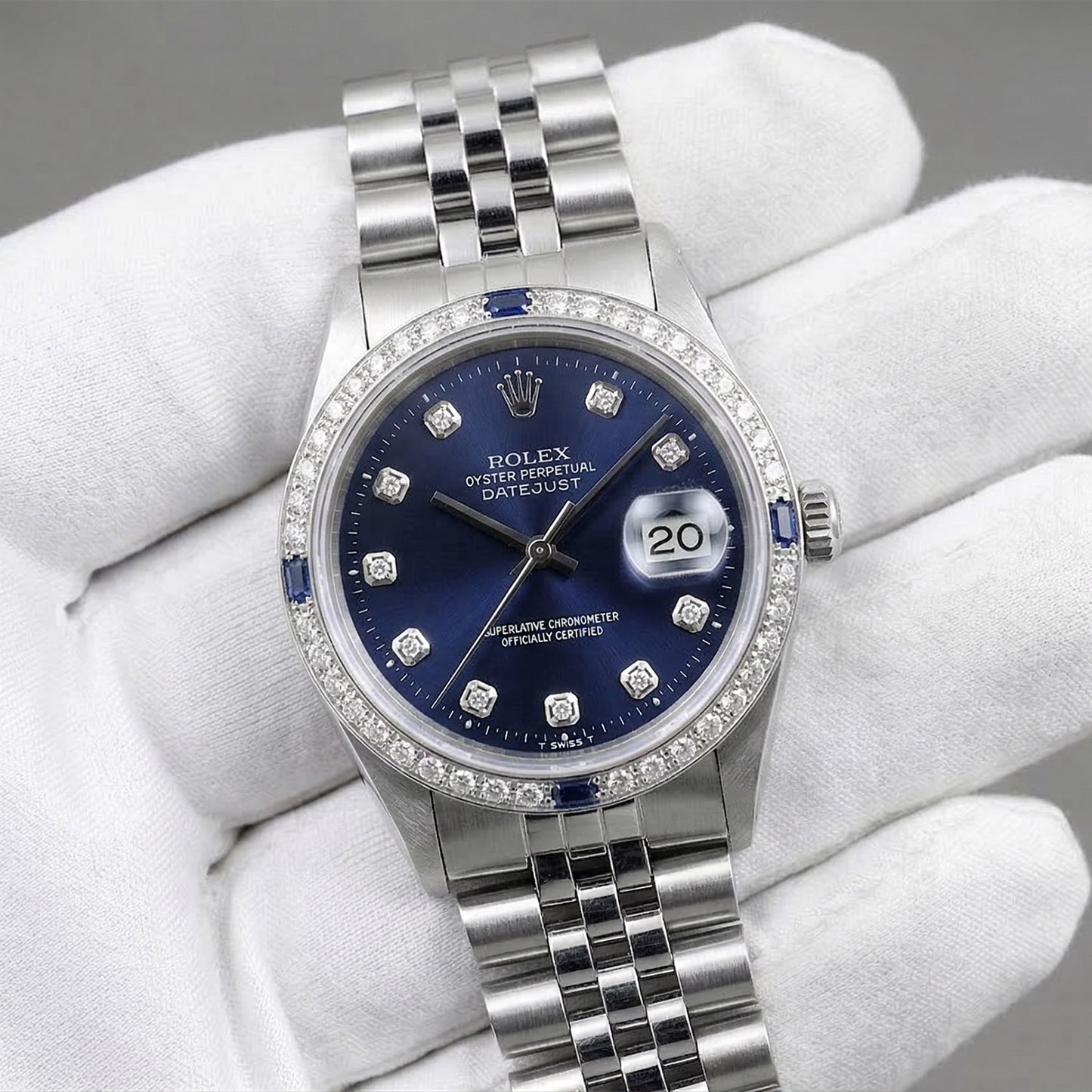 36mm Rolex Datejust 1603 18K White Gold Diamond Sapphire Bezel Blue Dial Men's Steel Watch