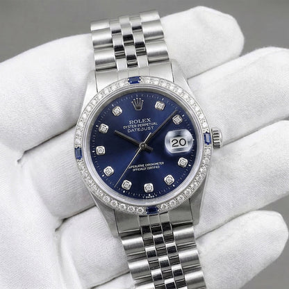 36mm Rolex Datejust 1603 18K White Gold Diamond Sapphire Bezel Blue Dial Men's Steel Watch