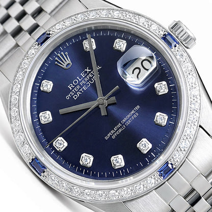36mm Rolex Datejust 1603 18K White Gold Diamond Sapphire Bezel Blue Dial Men's Steel Watch