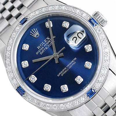 Rolex Datejust 1603 36mm Blue Dial 18K White Gold Diamond Sapphire Watch