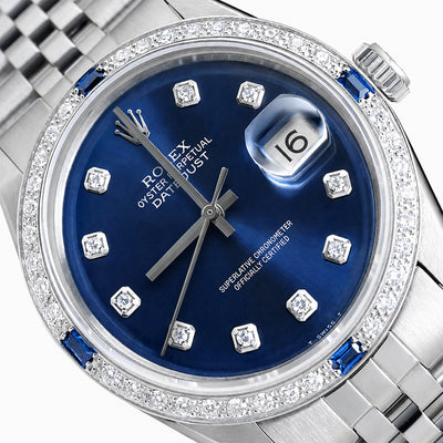 Rolex Datejust 1603 36mm Blue Dial 18K White Gold Diamond Sapphire Watch