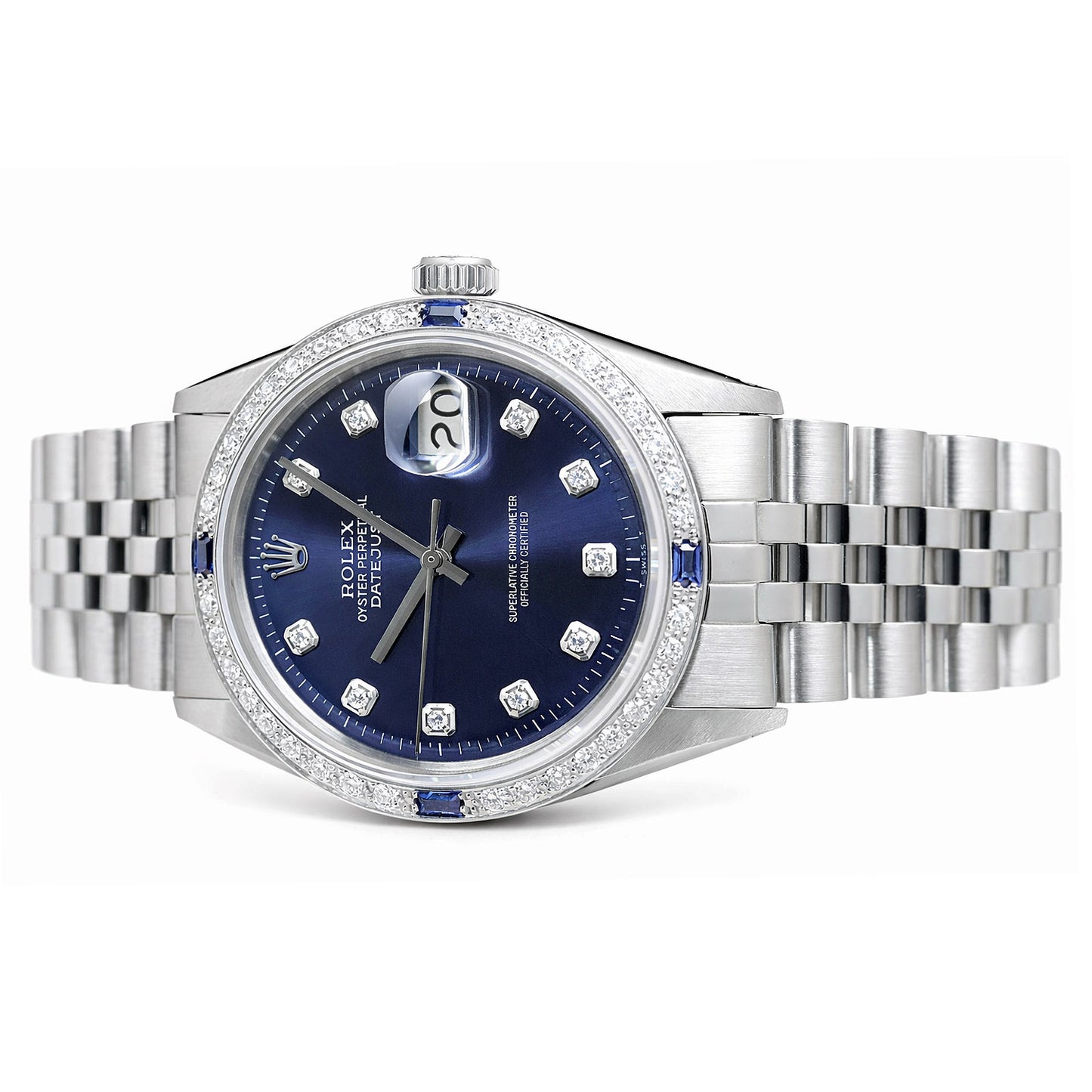 36mm Rolex Datejust 1603 18K White Gold Diamond Sapphire Bezel Blue Dial Men's Steel Watch