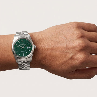 36mm Rolex Datejust 16014 18K White Gold Bezel Green Dial Stainless Steel Jubilee Band Men's Watch