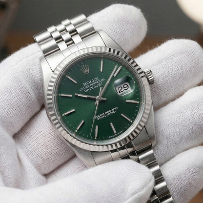 36mm Rolex Datejust 16014 18K White Gold Bezel Green Dial Stainless Steel Jubilee Band Men's Watch