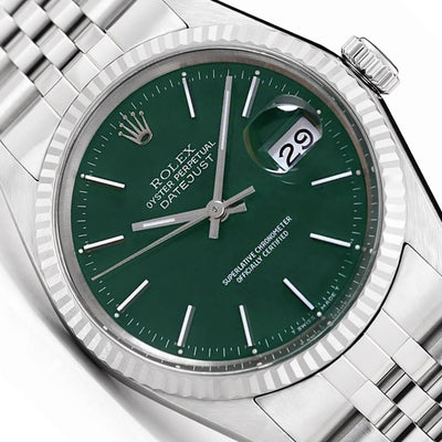 36mm Rolex Datejust 16014 18K White Gold Bezel Green Dial Stainless Steel Jubilee Band Men's Watch
